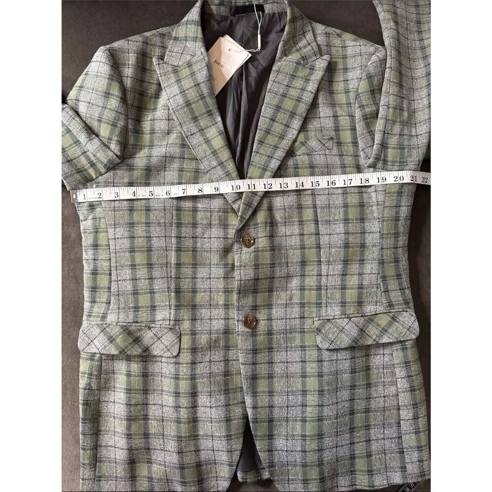 Mens Green Plaid Blazer Two-Button Sport Suit Jacket Coat Peak Lapel Size 40 NWT